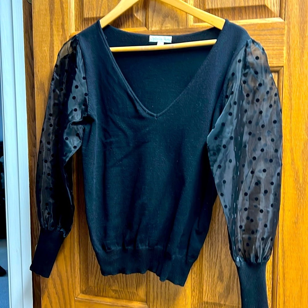Ophelia Roe black shirt with sheer polkadot sleeves